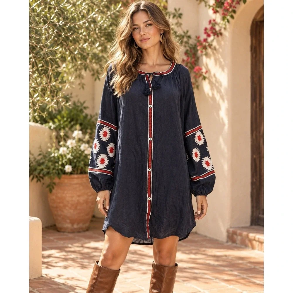 Michael Kors M Navy Embroidered Peasant Tunic Dress Button Front NWT